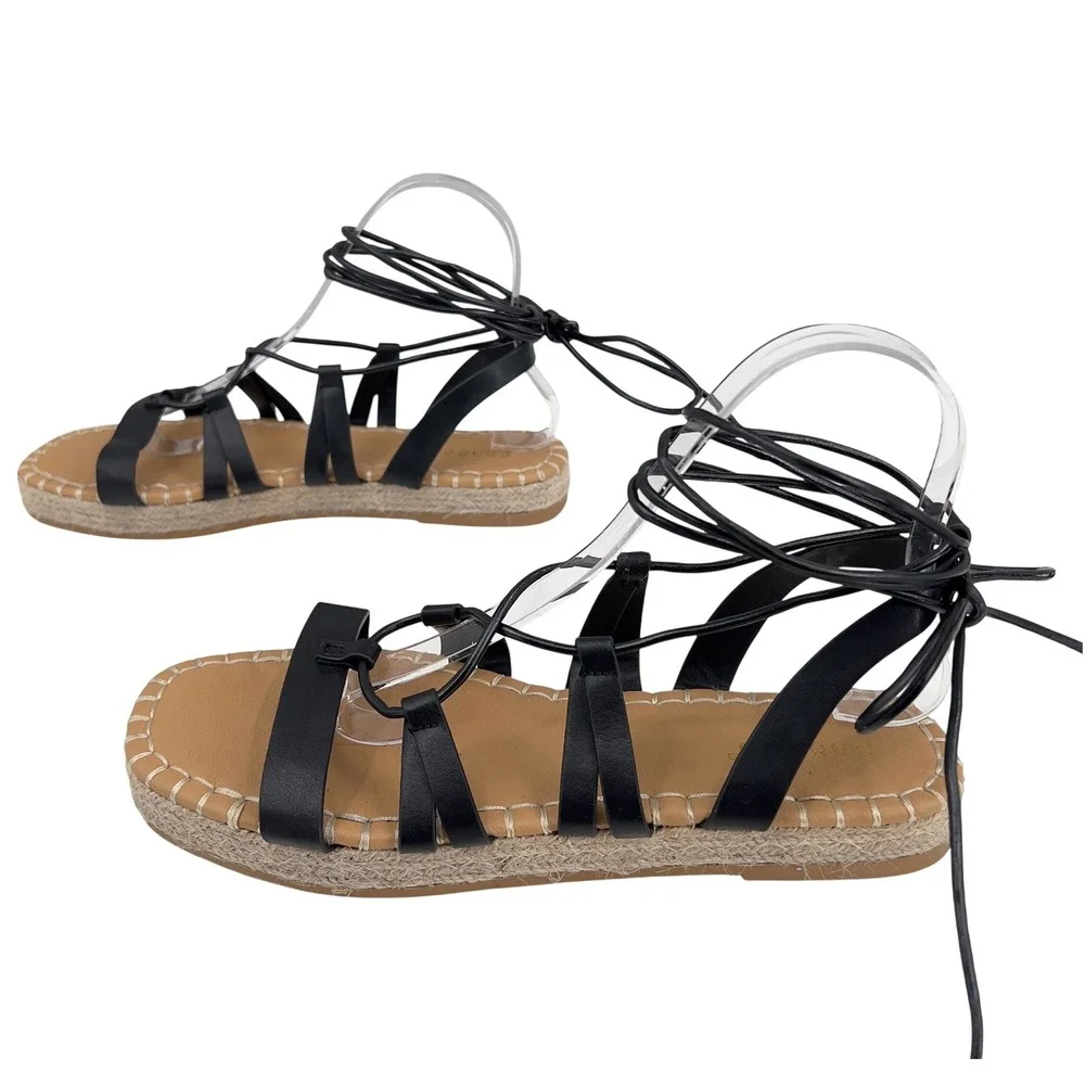 Bamboo Women's Black Strappy Gladiator‎ Lace Up Espadrille Flat Sandal Size 8.5